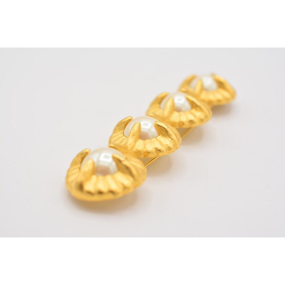 Givenchy Vintage Bar Pin Brooch Pearl Brushed Gold Chunky Runway Signed BinAJ - Picture 6 of 12